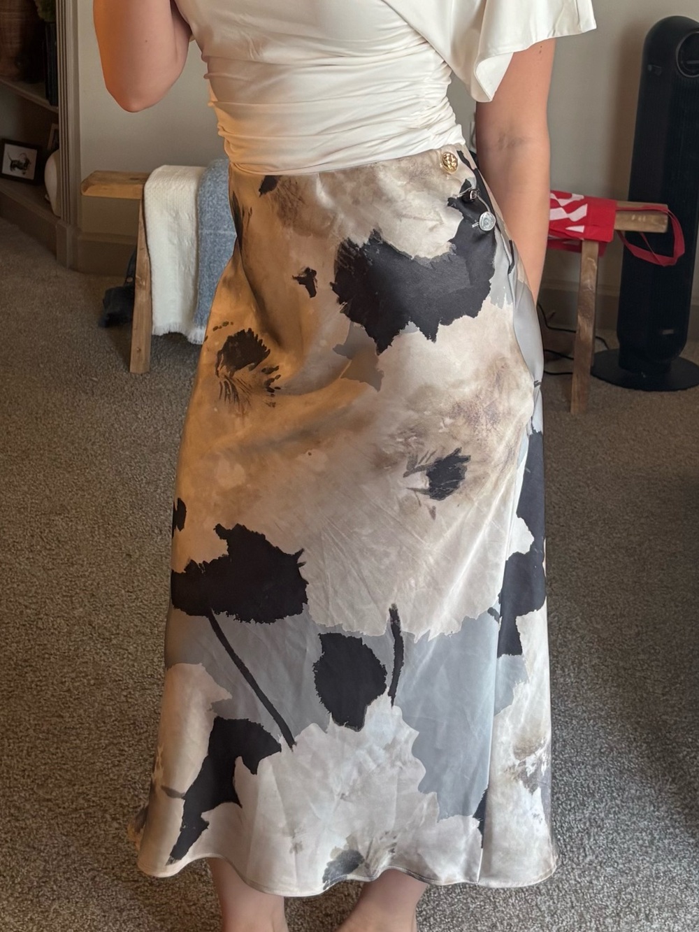 Zara Neutral Floral Midi Skirt in Cream and Black